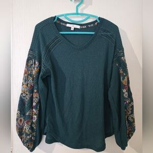 Fever Teal Blouse with Floral Sleeves.